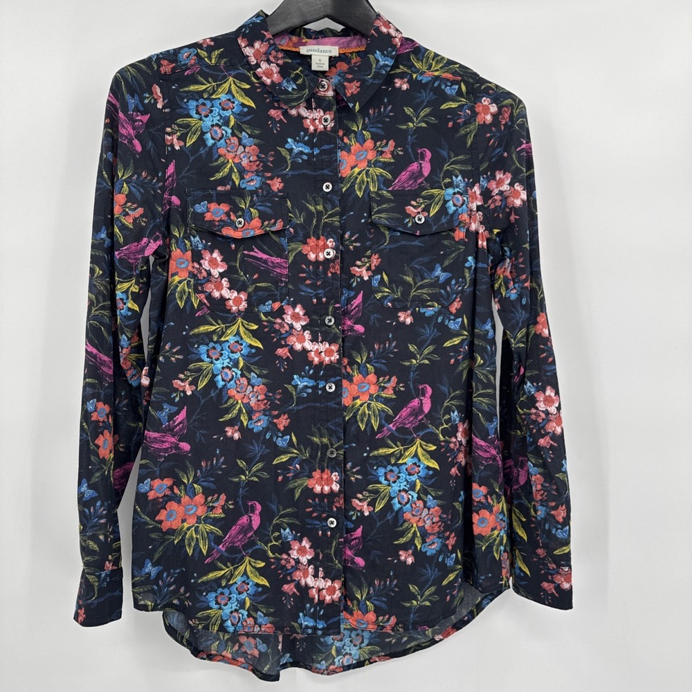 Sundance Floral Joy Cotton Long Sleeve Button Up Top, Black Floral, Size S Birds
